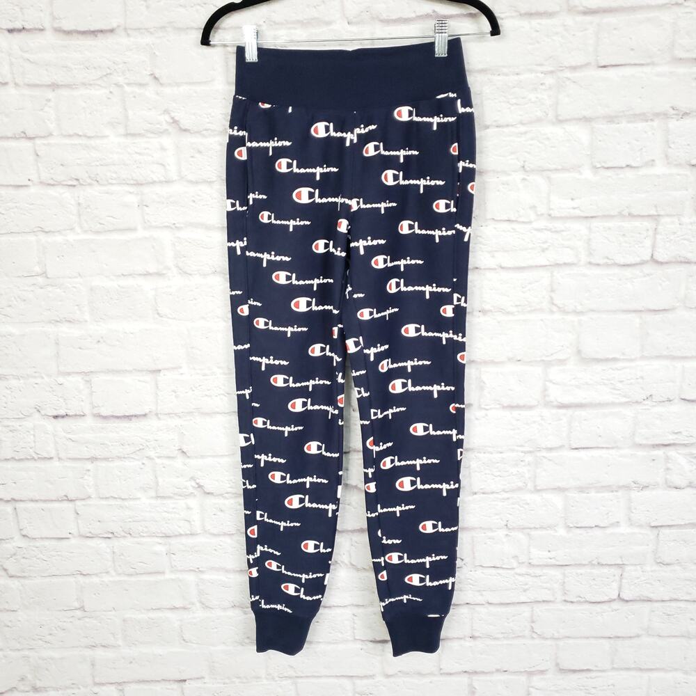 Champion Navy Blue Reverse Weave Jogger Pants All Over Print Size XS